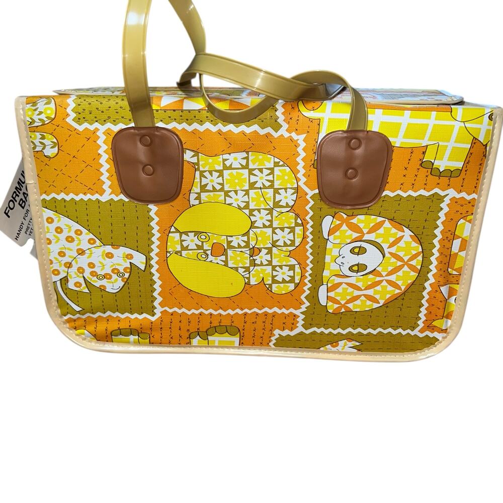Vintage 70s Patchwork Animal Print Vinyl hinged Travel tote Retro Orange green